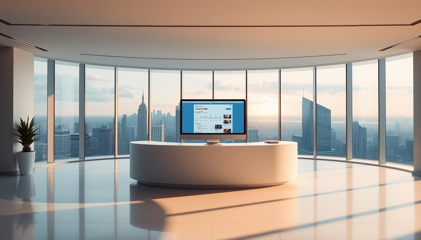 A sleek, modern office interior with a large, curved desk positioned in the center, displaying a computer screen showcasing a Google Ads tutorial interface. Warm, directional lighting illuminates the scene, casting soft shadows and highlighting the clean, minimalist design. In the background, a floor-to-ceiling window offers a panoramic view of a bustling city skyline, reflecting the dynamic and ever-evolving nature of digital advertising. The overall atmosphere conveys a sense of professionalism, innovation, and a forward-looking perspective on the future of Google Ads.