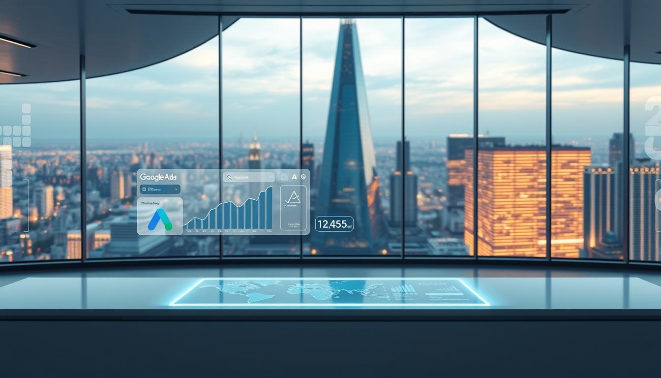 A futuristic office setting with a sleek, holographic display showcasing the latest Google Ads features. The scene is bathed in soft, ambient lighting, creating a modern and innovative atmosphere. In the foreground, a minimalist white desk with a floating, semi-transparent interface displaying interactive graphs and data visualizations. The middle ground features a large, curved glass wall overlooking a bustling cityscape, hinting at the global reach and scale of Google Ads. The background is dominated by a towering, angular glass and steel structure, symbolizing the technological prowess and forward-thinking nature of the 2025 Google Ads platform.